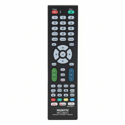 Front view of the MicroWorld RM-L1388 universal remote showing all buttons and layout.

