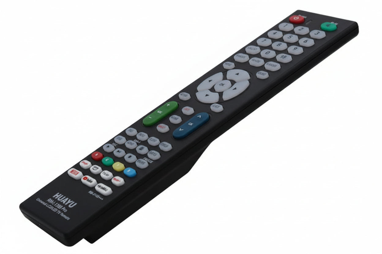 Close-up of the MicroWorld remote's top section featuring the Netflix and smart function buttons.

