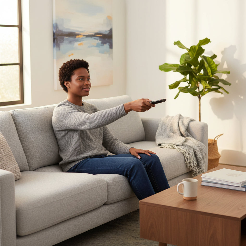 The MicroWorld remote held in an adult hand demonstrating its ergonomic grip and button access.