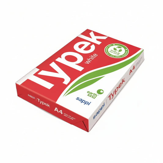 A sealed ream of TYPEK A4 white paper on a desk.

