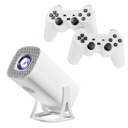 M-LINK S40 MAX Gaming Android Projector with two wireless controllers on a neutral background.

