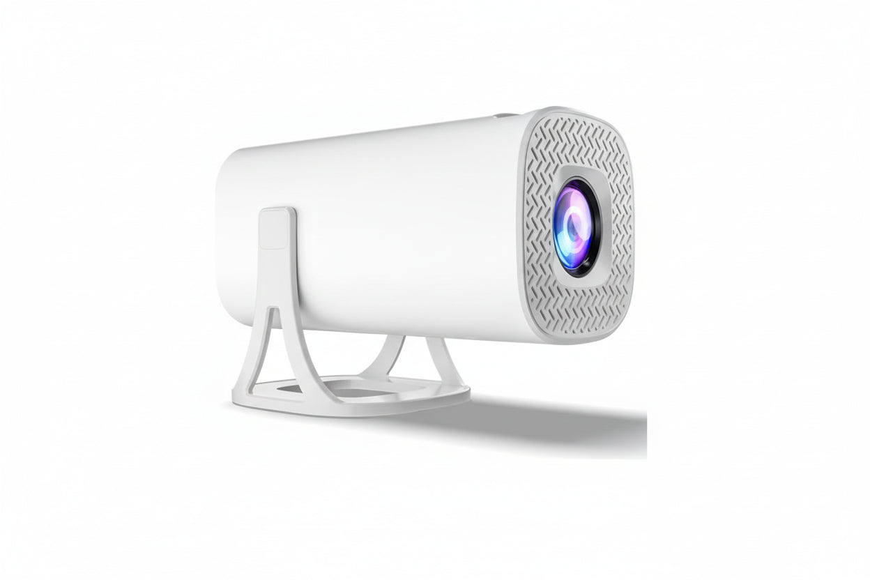 Front view of the M-LINK S40 MAX projector showing the lens and white casing.

