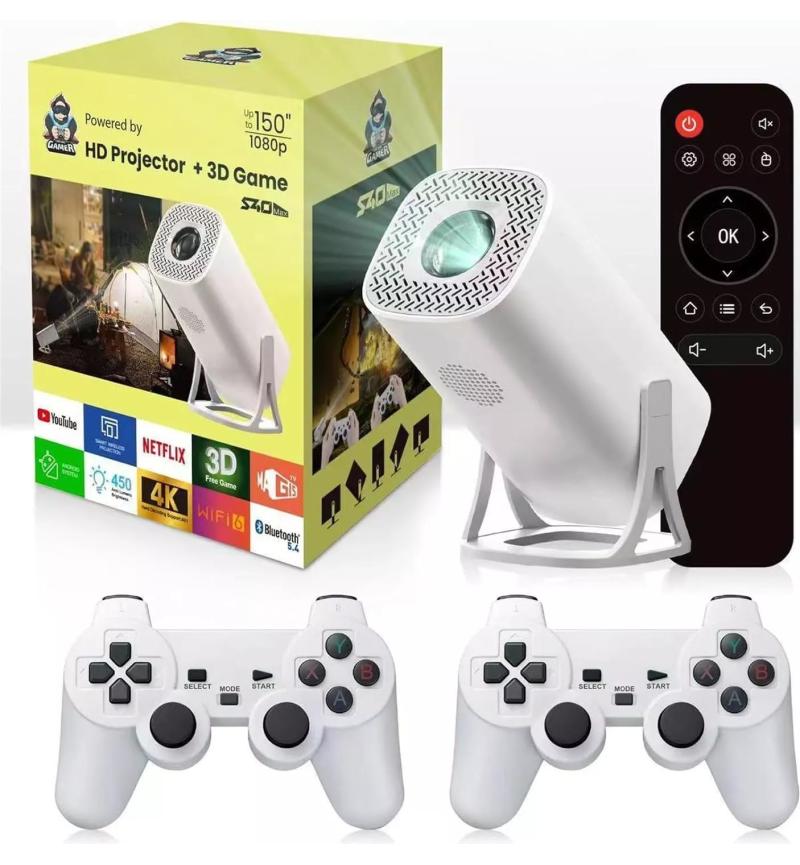 M-LINK S40 MAX portable projector displaying a game on a wall with two wireless controllers.

