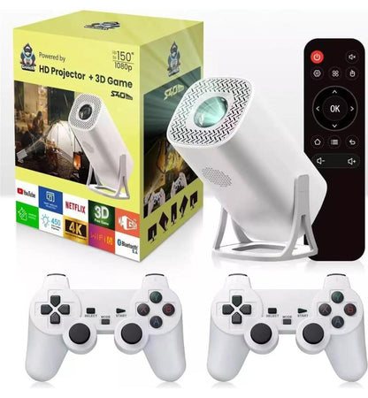 M-LINK S40 MAX portable projector displaying a game on a wall with two wireless controllers.

