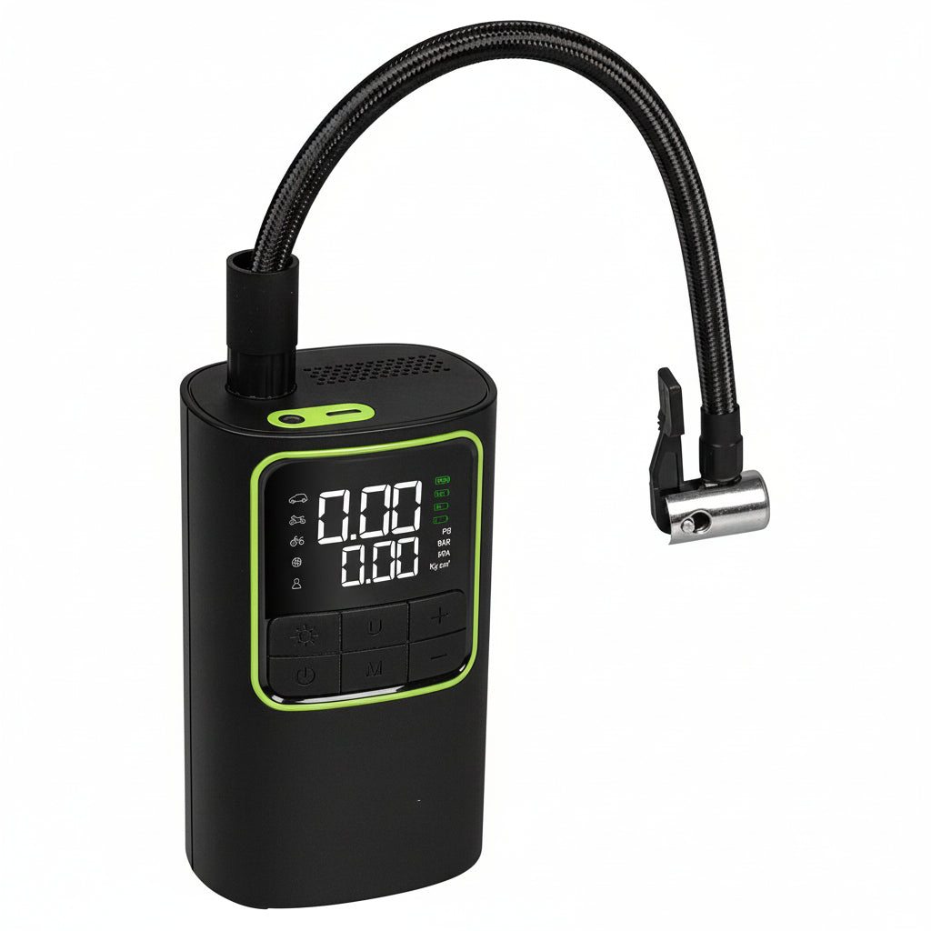 Front view of the M-link SAP portable air pump with its digital display.

