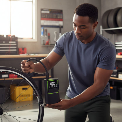 The pump inflating a cycle tire, showing the pressure reading on the screen.

