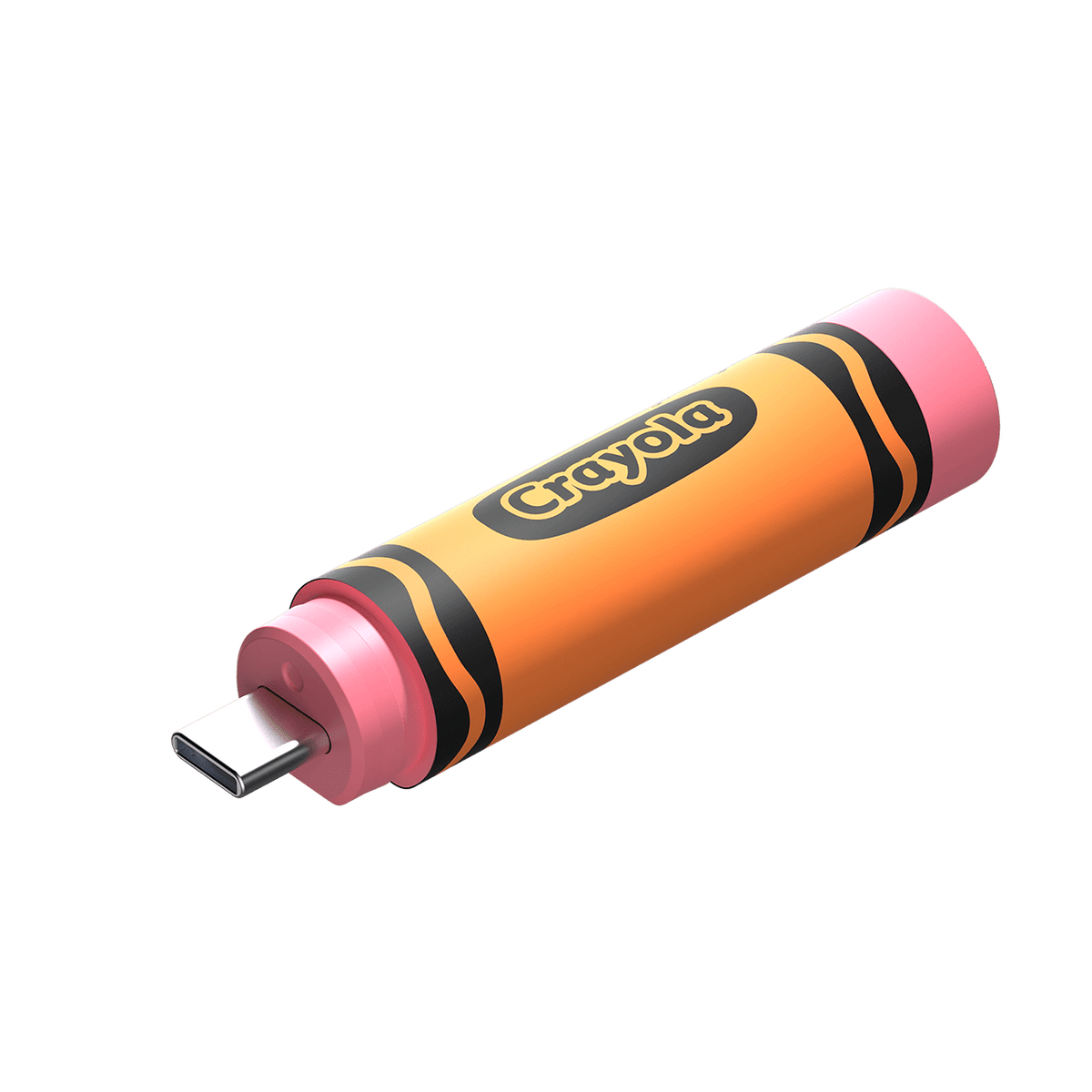 SanDisk Crayola 128GB Mango Tango flash drive with cap removed and USB-C connector visible — SDCZIC-128G-G46O