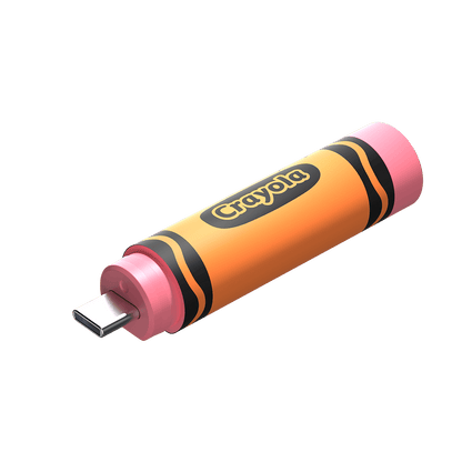 SanDisk Crayola 128GB Mango Tango flash drive with cap removed and USB-C connector visible — SDCZIC-128G-G46O