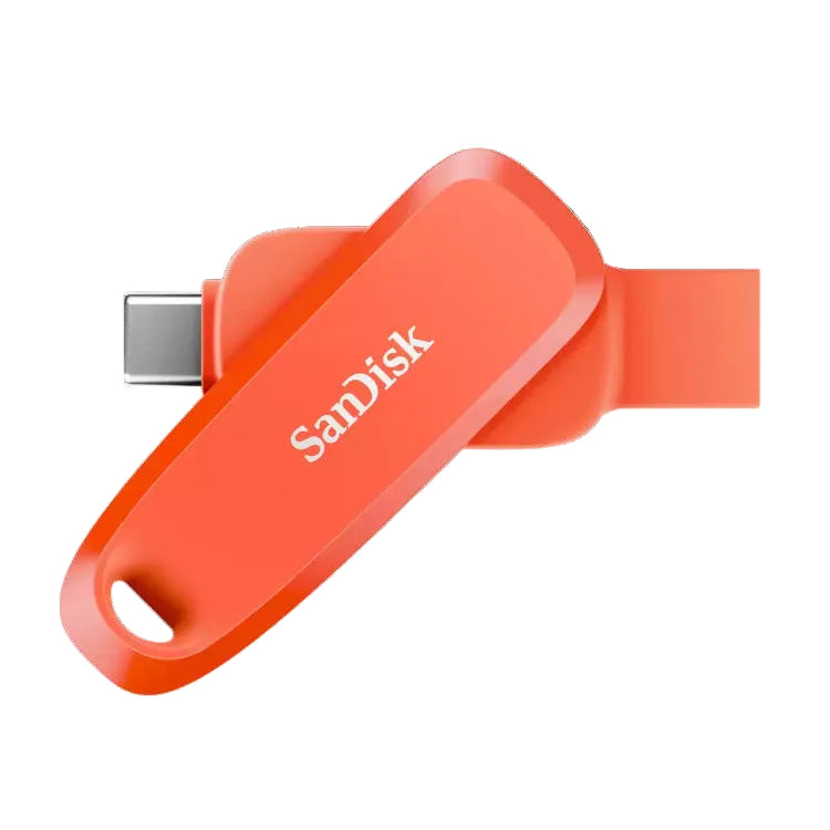 An orange SanDisk USB-C flash drive with a matching orange protective cap, shown on a plain white background.