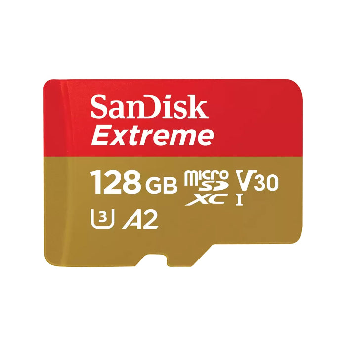SanDisk Extreme 128GB microSDXC card on a white background