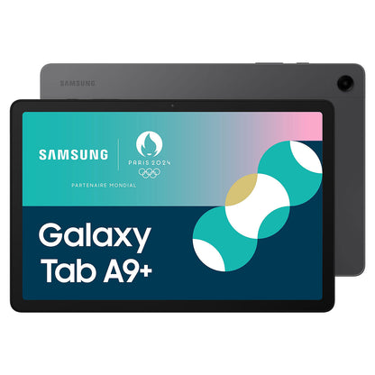 Samsung Galaxy Tab A9+ tablet with a visible screen displaying Samsung branding and logos.