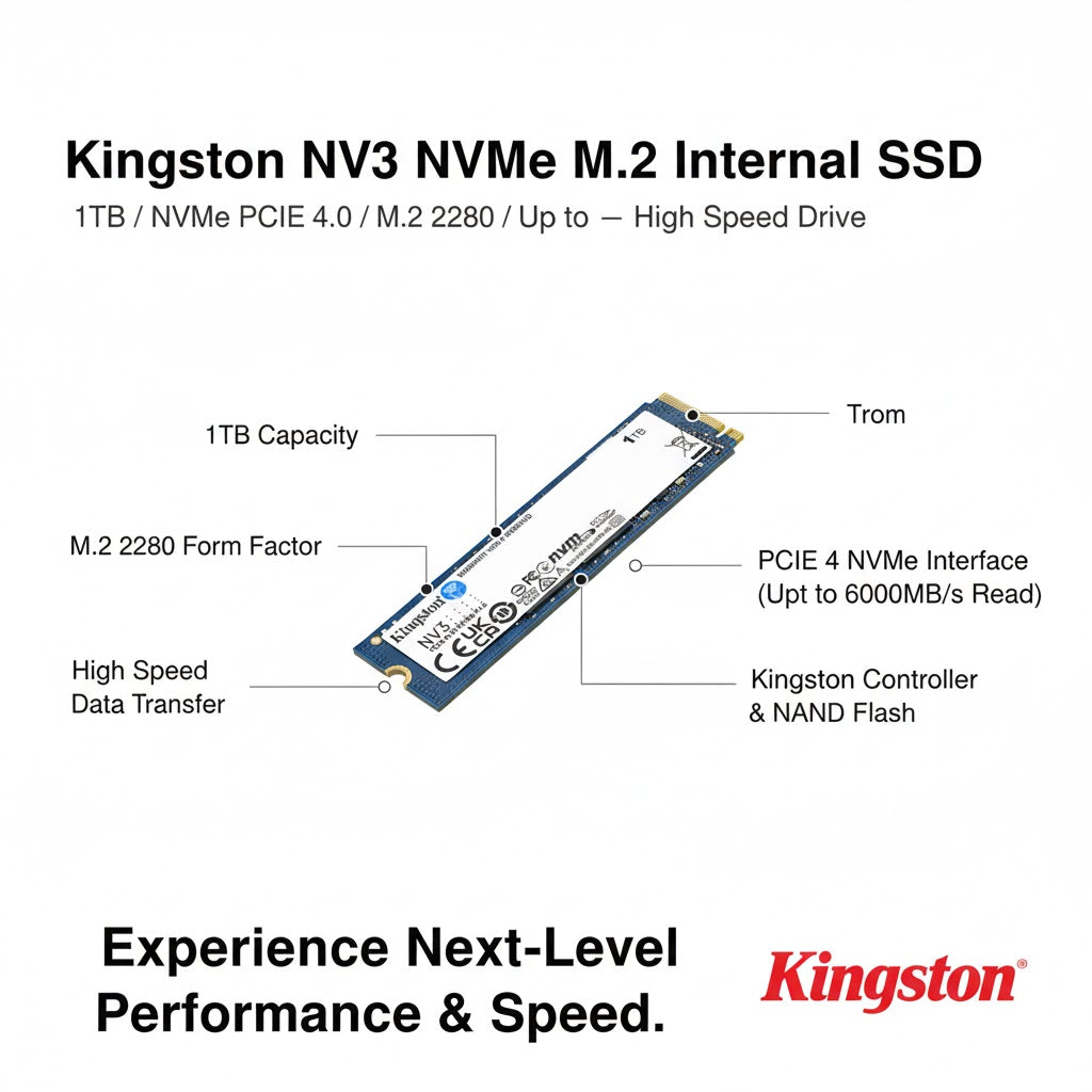 Kingston NV3 1TB NVMe M.2 PCIe 4.0 Internal SSD Up to 6000MB/s High Speed Drive