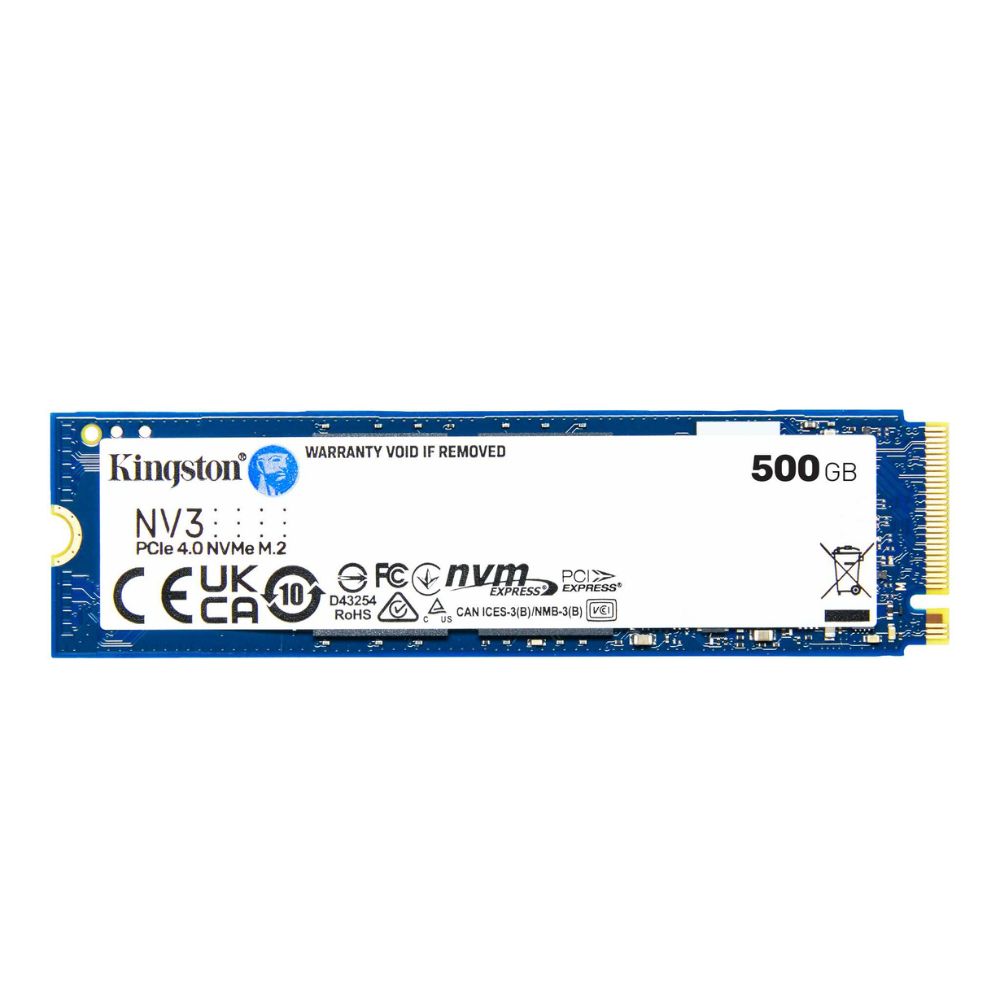 Kingston NV3 500GB SSD front label view.

