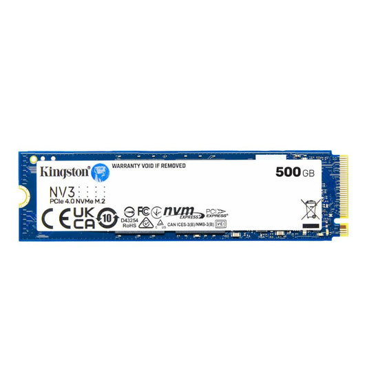 Kingston NV3 500GB SSD front label view.

