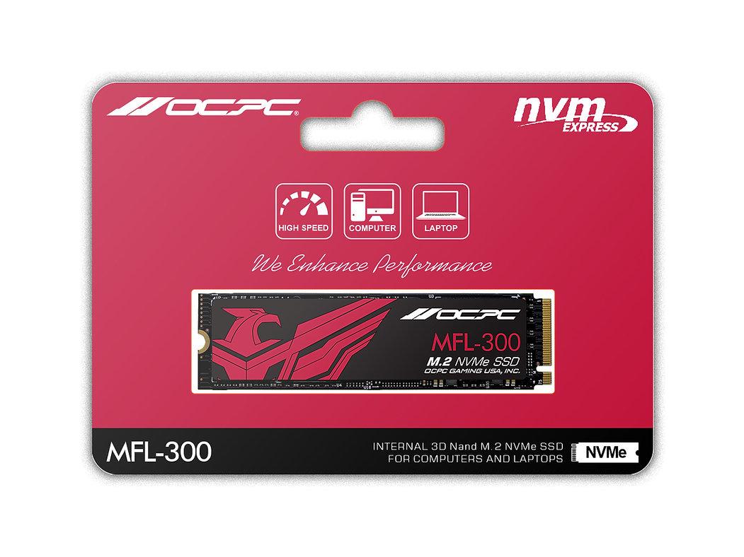 Top view of the OCPC MFL-300 1TB NVMe SSD showing the component layout.

