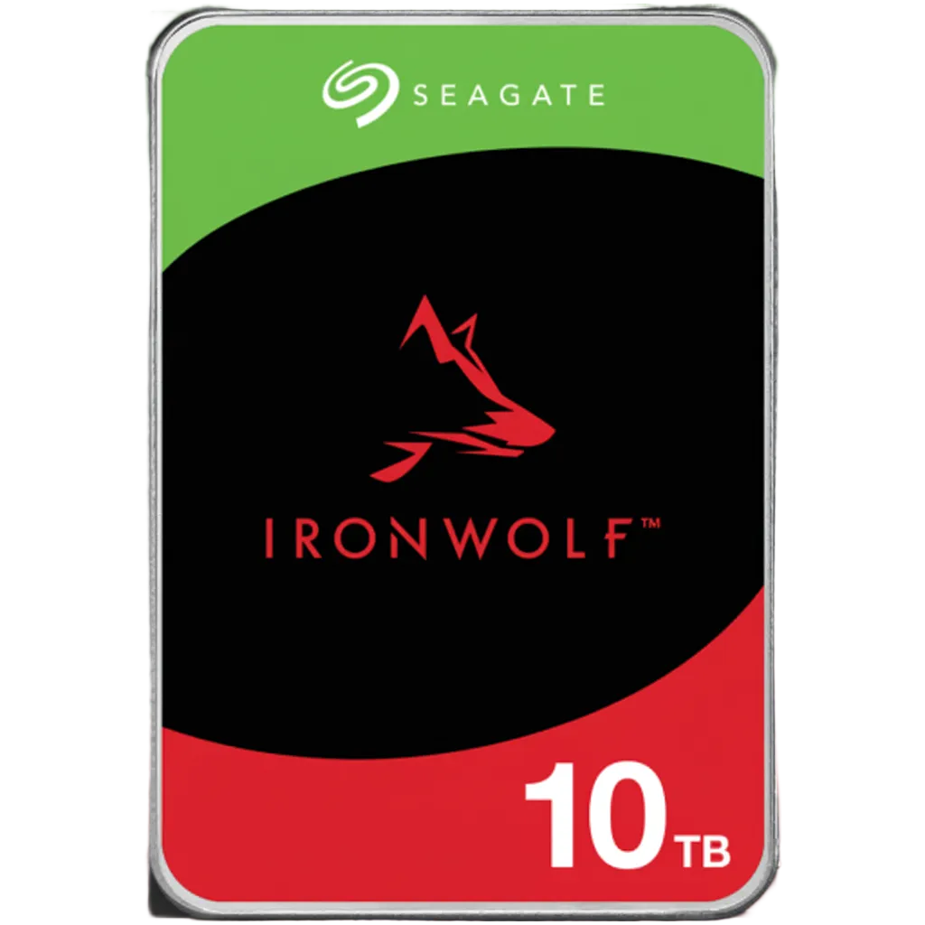 Seagate IronWolf 10TB NAS hard drive front label.

