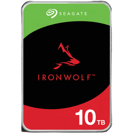 Seagate IronWolf 10TB NAS hard drive front label.

