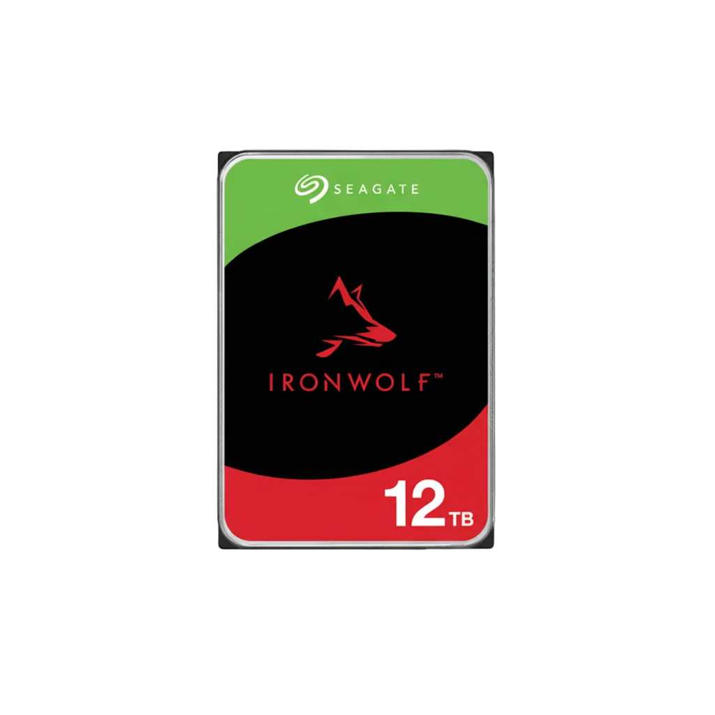 Seagate IronWolf 12TB NAS hard drive front label.

