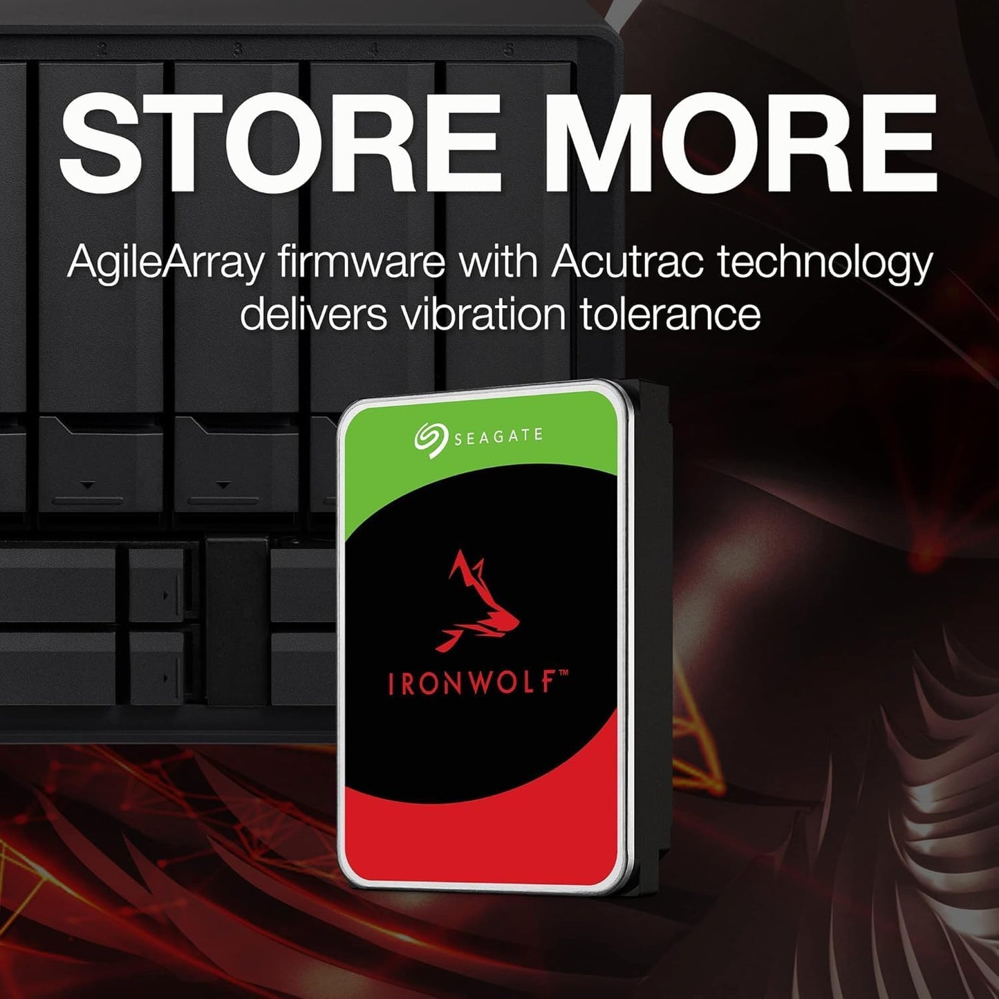 NAS system with multiple IronWolf drives installed.

