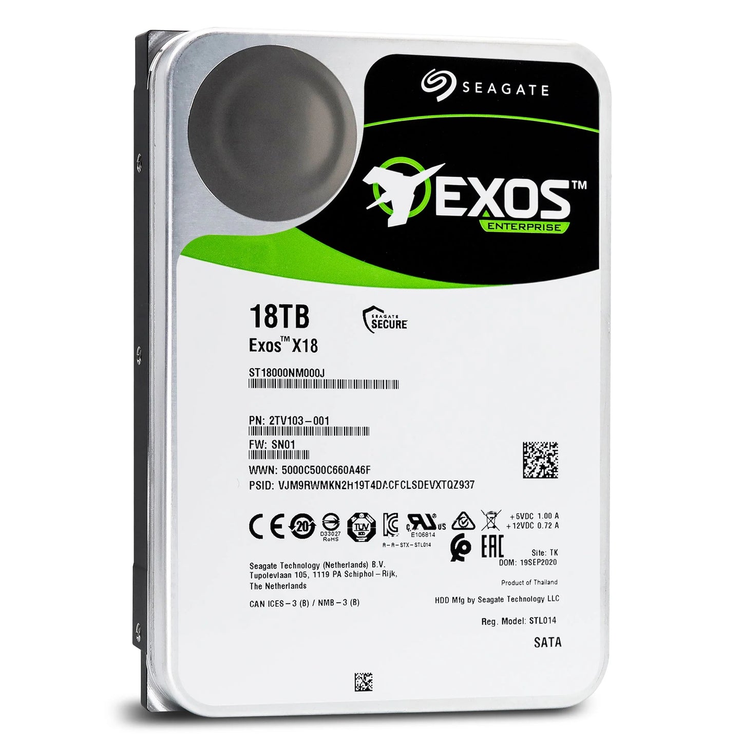 Seagate Exos X18 18TB 3.5" Enterprise HDD – 7200 RPM, SATA 6Gb/s, 256MB Cache, ST18000NM000J front label