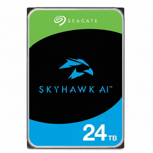 Front view of the Seagate SkyHawk AI 24TB surveillance hard drive.

