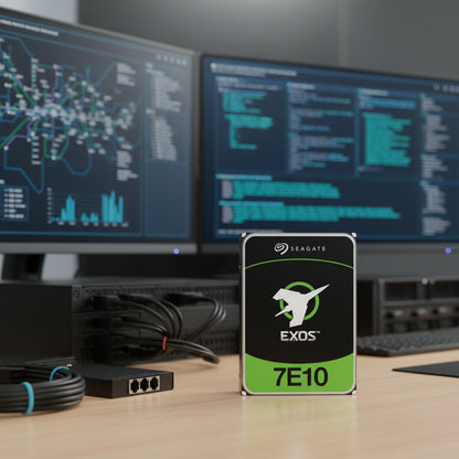 The Seagate Exos drive displayed at an angle on an anti-static surface.

