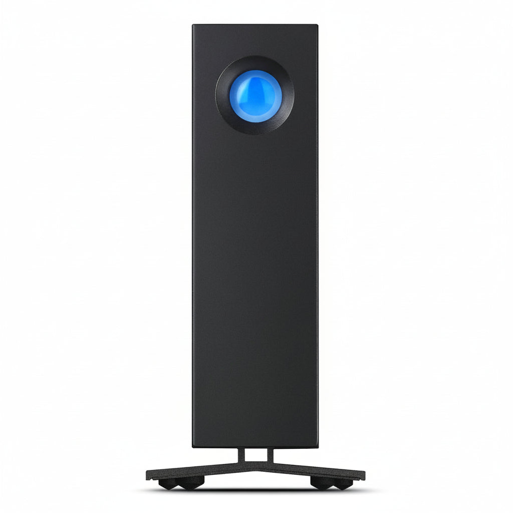 Front view of the black LaCie d2 Professional 8TB desktop hard drive.

