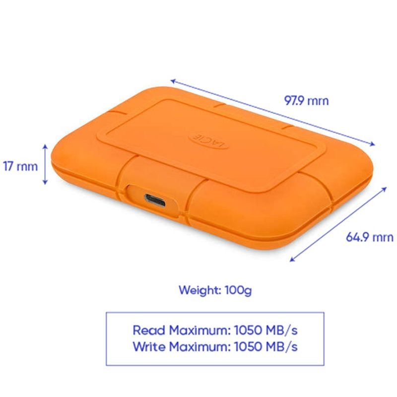 Orange external hard drive with dimensions and specifications on a white background
