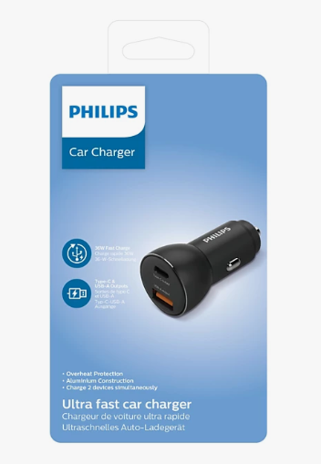 PRE-Loved Philips Dual Port Car Charger – 36W Fast Charging with USB-C for quick device charging on the go.