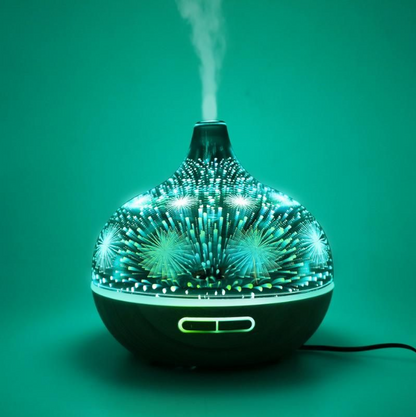 400ml Glass Aroma Diffuser with Firework Design featuring 3D light effect and woodgrain base for soothing essential oils.