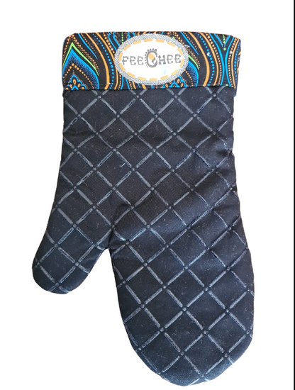 Stylish black oven mitt with Shwe-Shwe trim, part of the 15-Piece Premium Heavy-Bottom Stainless Steel Cookware Set.