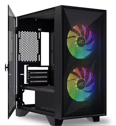 OCPC SCURA Gaming Case Bundle – Mid-Tower ATX w/ 750W PSU showcases sleek design and vibrant RGB fans for gamers.