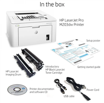 PRE-Loved HP LaserJet Pro M203DW - Compact Wireless Laser Printer, Reliable accessories and setup included for efficiency.