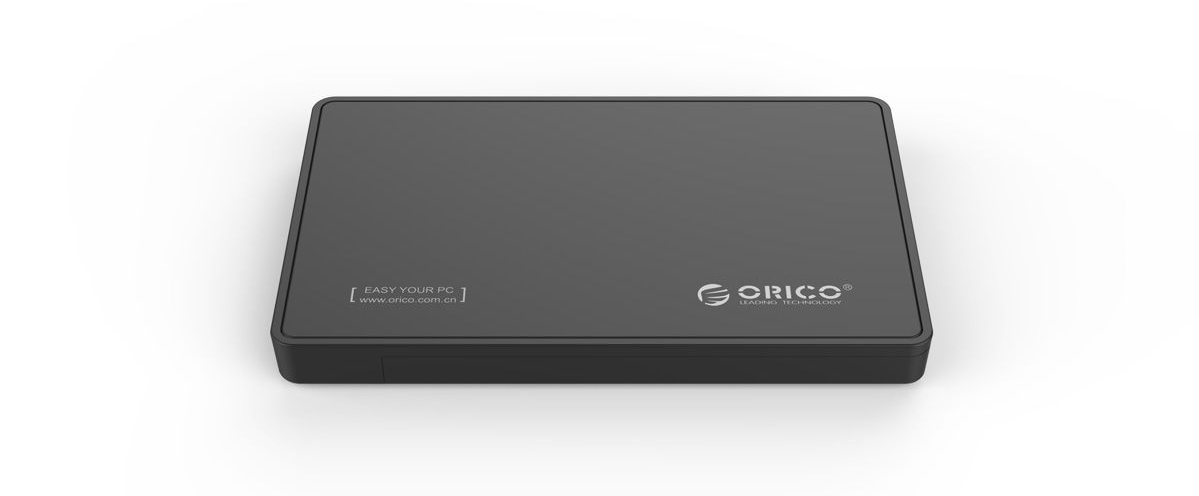 ORICO USB 3.0 2.5" SATA to Type-C External Hard Drive Enclosure in black with dual USB 3.0 and Type-C ports.