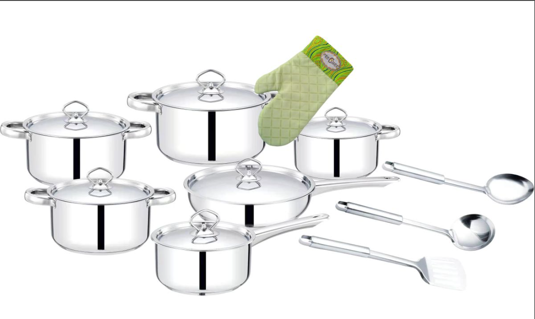 Enjoy cooking with the 15-Piece Premium Heavy-Bottom Stainless Steel Cookware Set including Black Oven Mitt with Shwe-Shwe Trim.