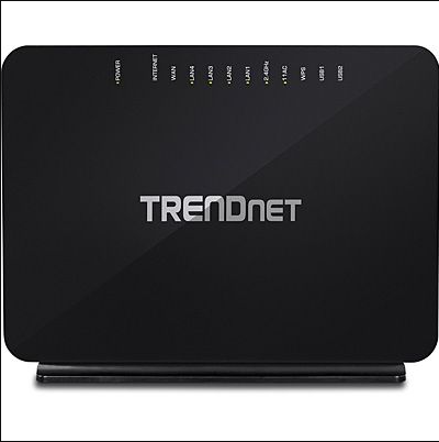 TRENDnet AC750 Dual-Band VDSL2/ADSL2 WiFi Router with 4-port switch for high-speed home network connectivity.