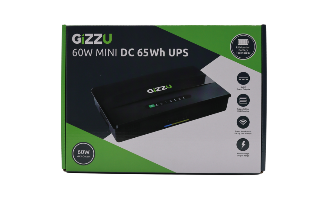 GIZZU 60W 65Wh 17600mAh Mini POE DC UPS Lithium - Black offers reliable power backup for devices during outages.