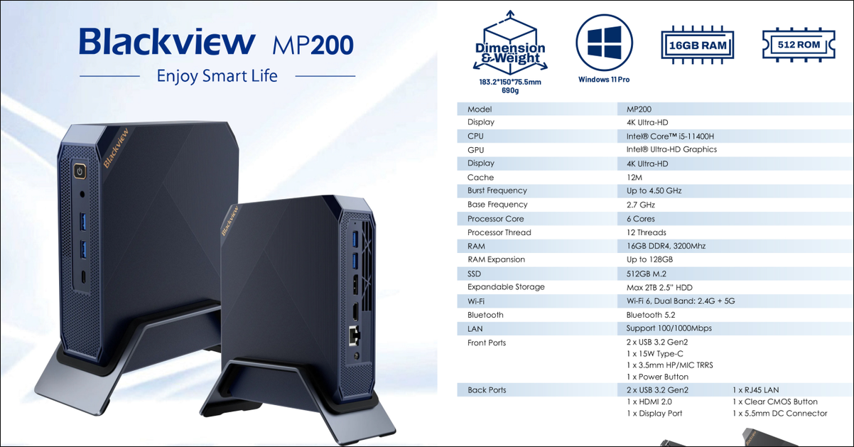 Blackview Mini PC MP200 i5 - Professional 4K Mini Desktop with 512GB SSD and 16GB RAM for high-performance computing.