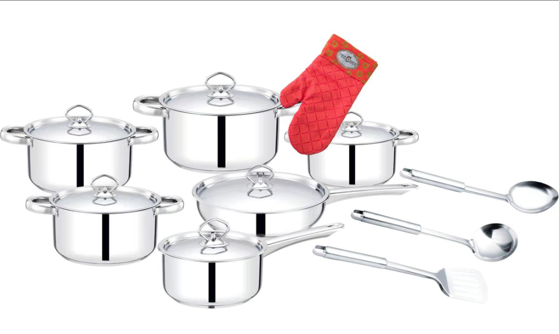 Stylish 15-Piece Premium Heavy-Bottom Stainless Steel Cookware Set including Black Oven Mitt with Shwe-Shwe Trim.