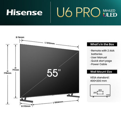 Hisense 55U6N-PRO 55" Mini ULED 4K Smart TV - Quantum Dot, Dolby Vision/Atmos, 120Hz Game Mode with premium visuals.