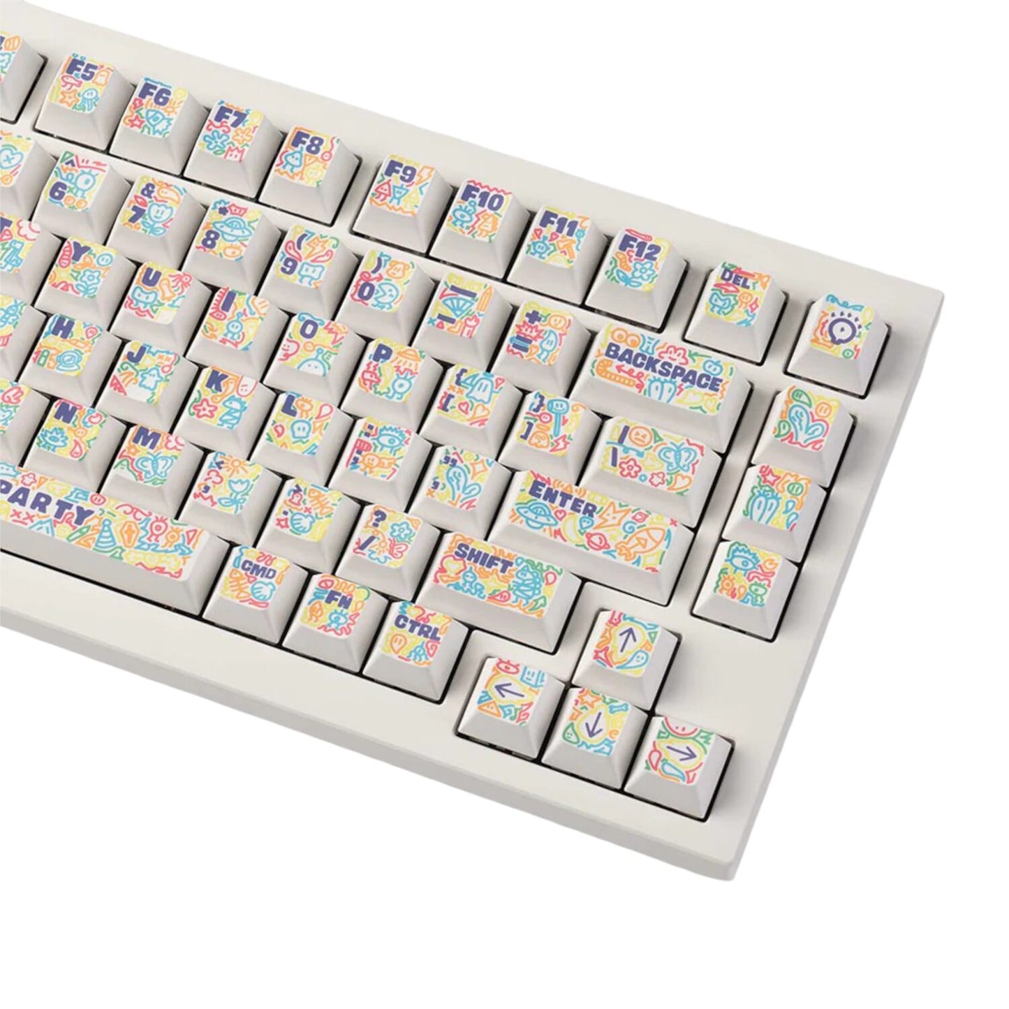 Keychron Graffiti Party – Cherry Profile Dye-Sub PBT Full Keycap Set (140 Keys, MX-Compatible) with vibrant graffiti design on white keycaps.