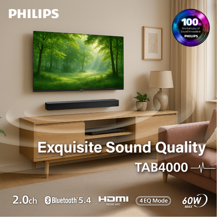 Philips TAB4000 2.0 Channel Soundbar - 60W | HDMI ARC | Bluetooth 5.4