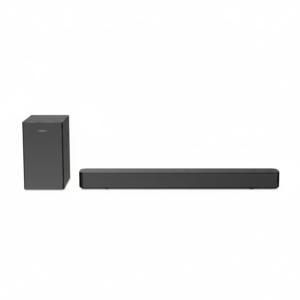 Black soundbar and subwoofer on a white background