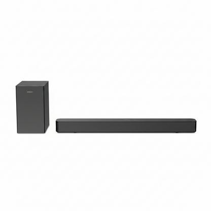 Black soundbar and subwoofer on a white background