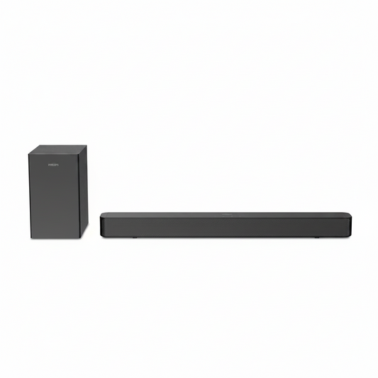 Black soundbar and subwoofer on a white background
