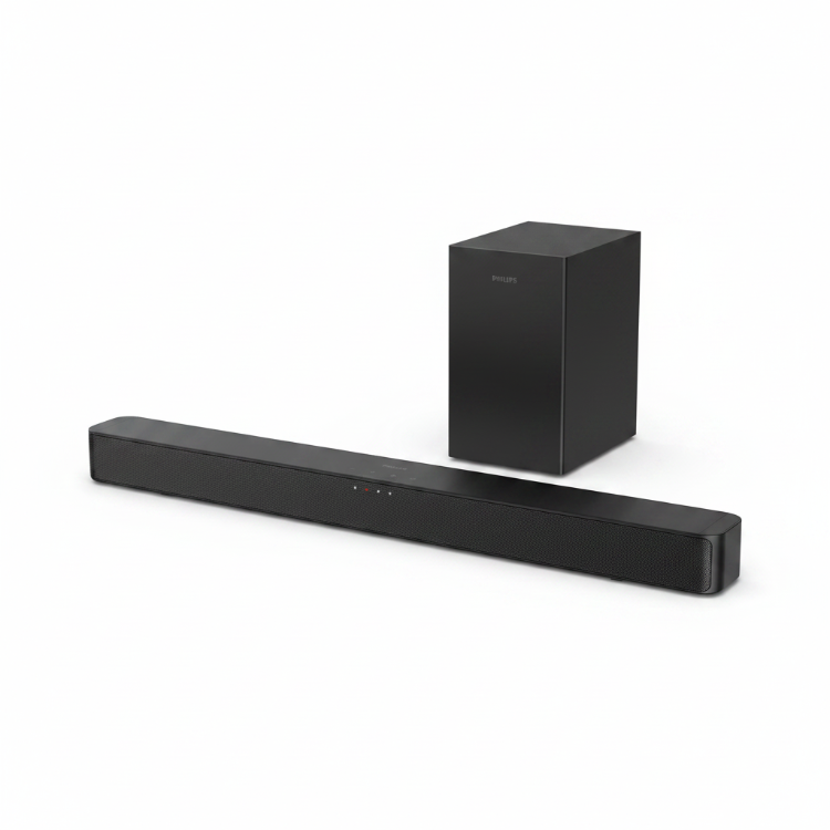 Black soundbar and subwoofer on a white background