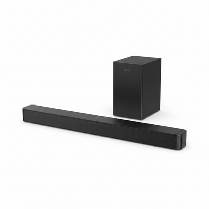 Black soundbar and subwoofer on a white background