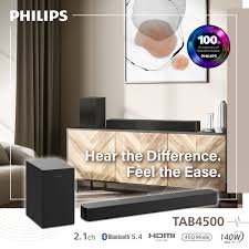 Philips TAB4500 2.1 Channel Soundbar with Wireless Subwoofer - 300W | BT