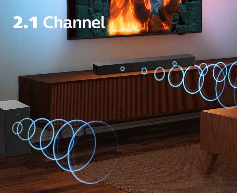 Soundbar with 2.1 channel setup in a living room with TV and subwoofer.