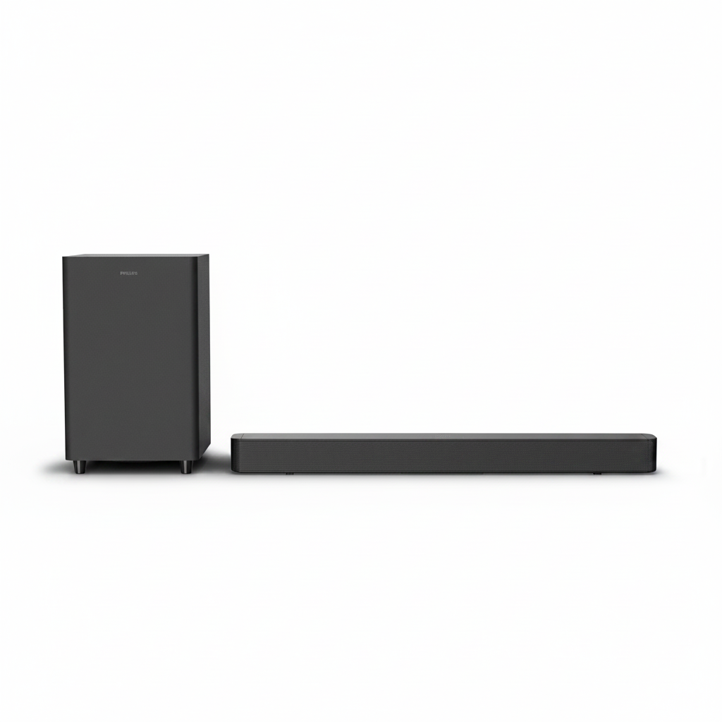 Soundbar and subwoofer on a white background